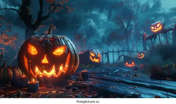 Spooky Halloween Night with Scary Pumpkins and a Haunted Scarecrow