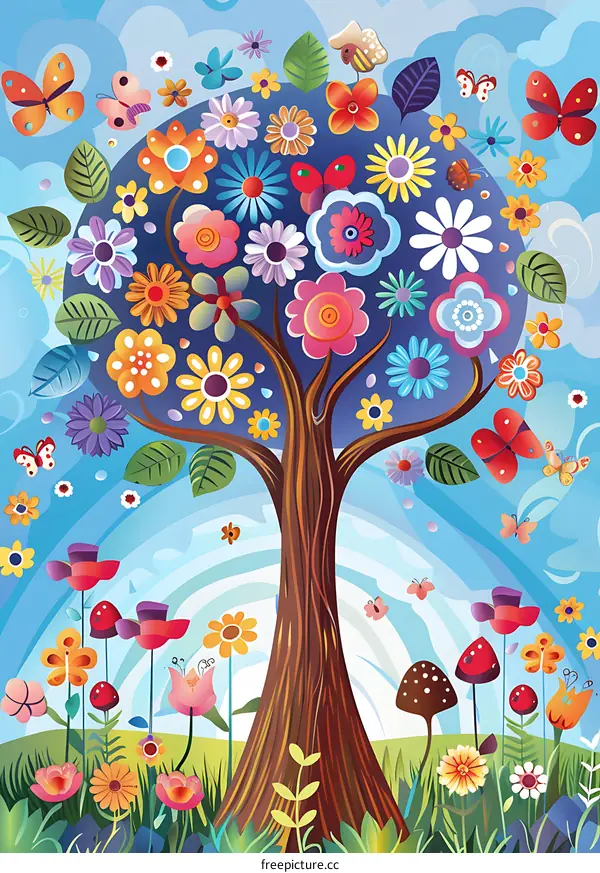 Colorful Floral Tree with Butterflies and Flowers