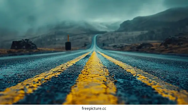 Yellow Lines on an Asphalt Road Through a Mountain Valley