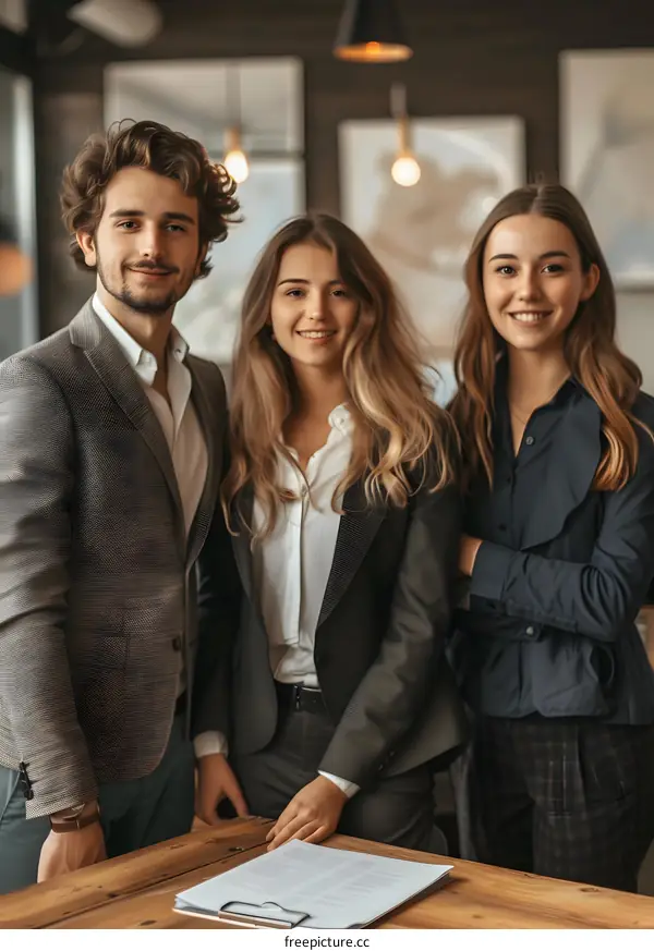 Three young business professionals posing in an office