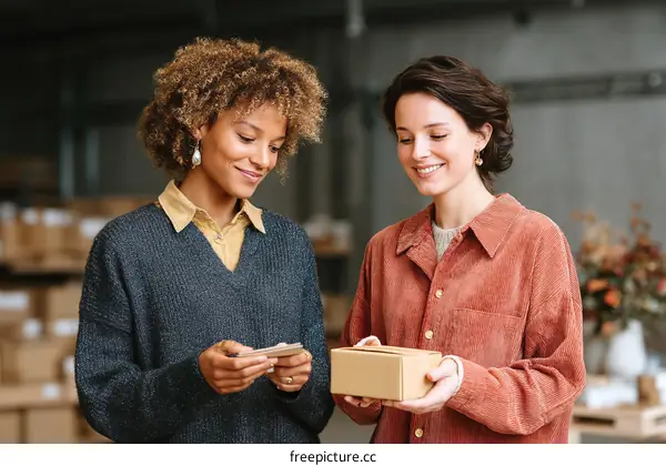 Two Diverse Women Inspecting a Cardboard Box in a Warehouse