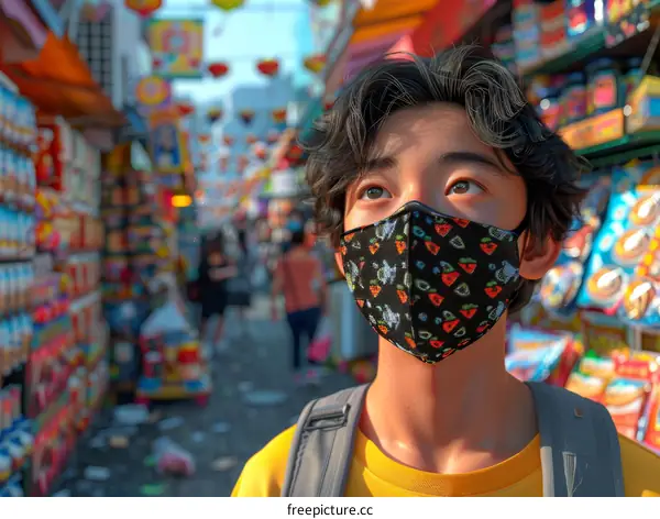A young man wearing a colorful mask looks up at a street market