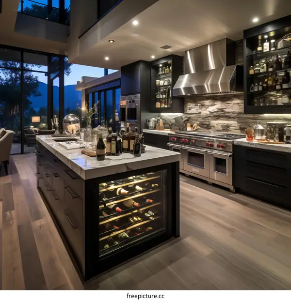 Modern kitchen interior design with large island and wine fridge