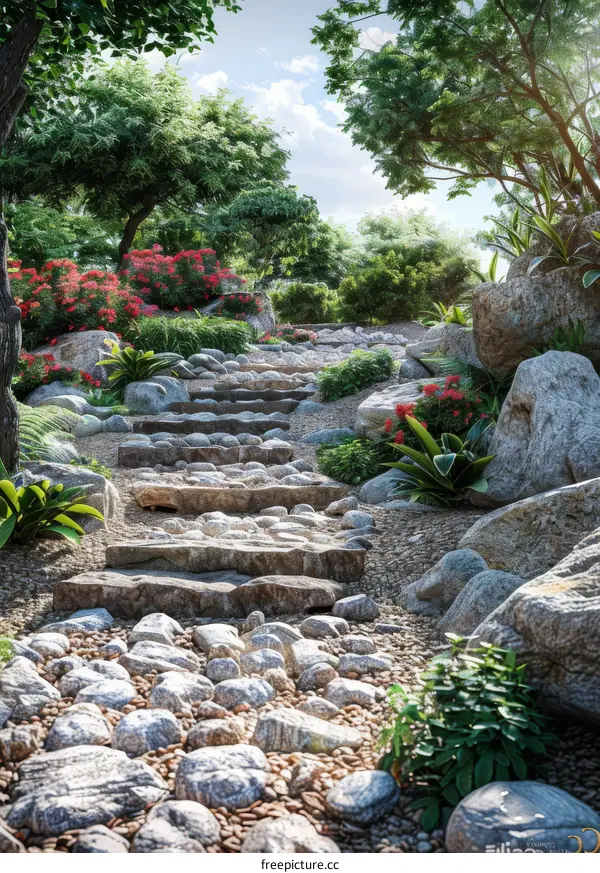 winding stone path in a lush garden