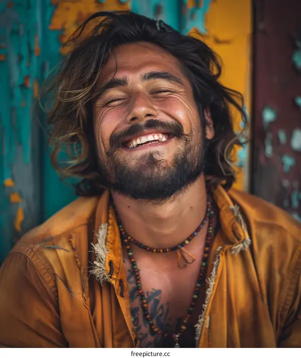 Smiling Man with Long Hair and Beard Outdoor Portrait