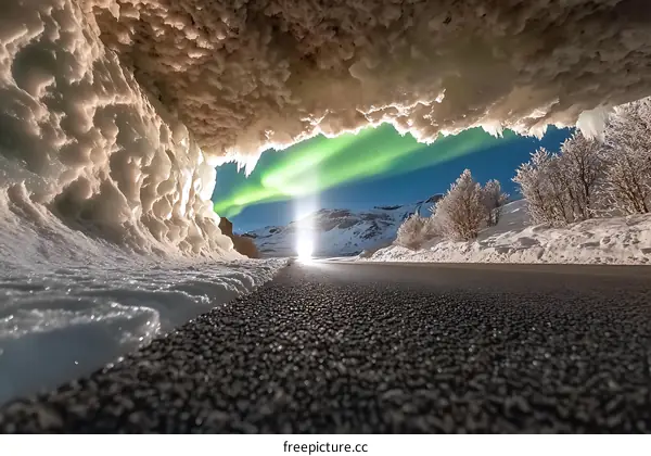 Northern Lights Shining Through Ice Cave
