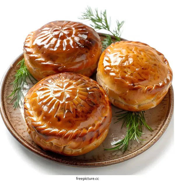 Three baked meat pies sit on a brown plate with rosemary sprigs.
