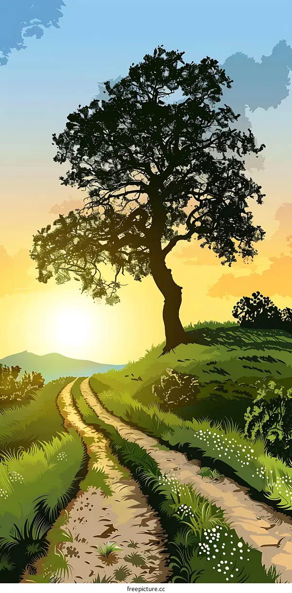 Countryside Road with Tree at Sunset