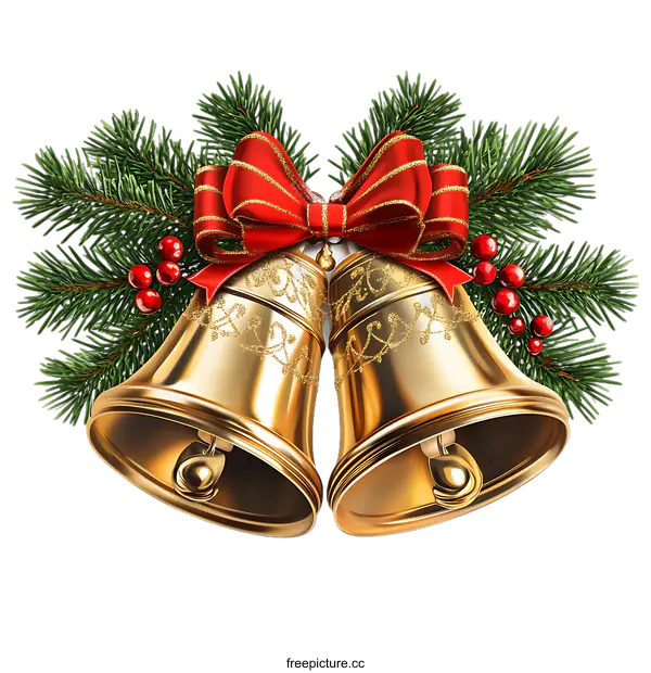 [Transparent Background PNG]Golden Christmas Bells Decorated with Fir Branches