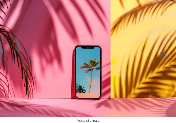 Palm Tree on Phone Screen with Pink and Yellow Background