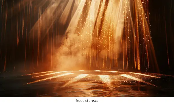 Golden rays of light shining down through a dark space