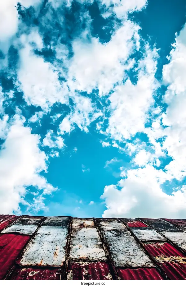 Blue Sky With White Clouds And An Old Rusty Roof