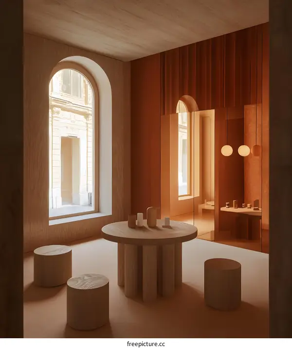 Minimalist Interior Design with Arched Window and Wooden Furniture