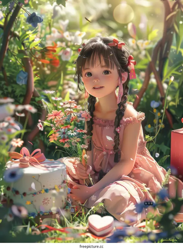 Adorable Little Girl in a Garden of Pink Flowers