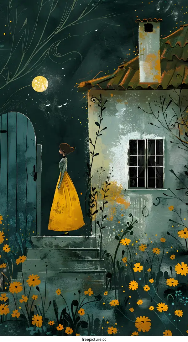 girl in yellow dress standing in front of a house