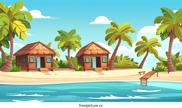 Tropical Island Beach Hut with Palm Trees