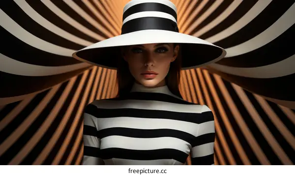 Black and white striped pattern with a woman wearing a large black and white striped hat