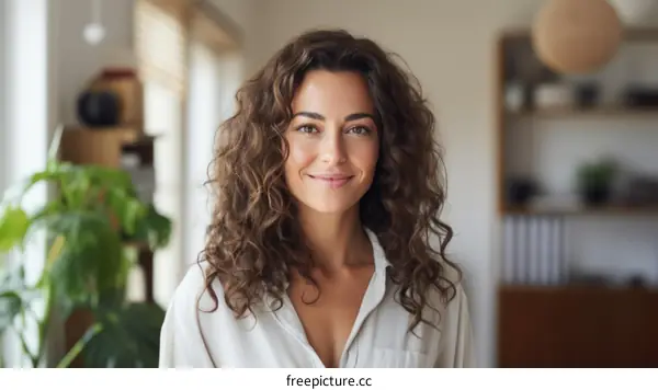 portrait of a beautiful young woman with curly hair smiling