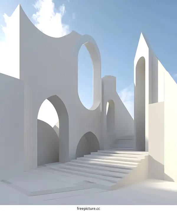 Minimalist White Architecture with Arched Windows and Stairs