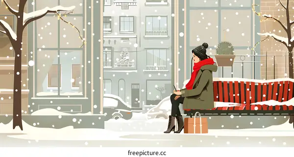 Woman Sitting on Bench During Snowy Day