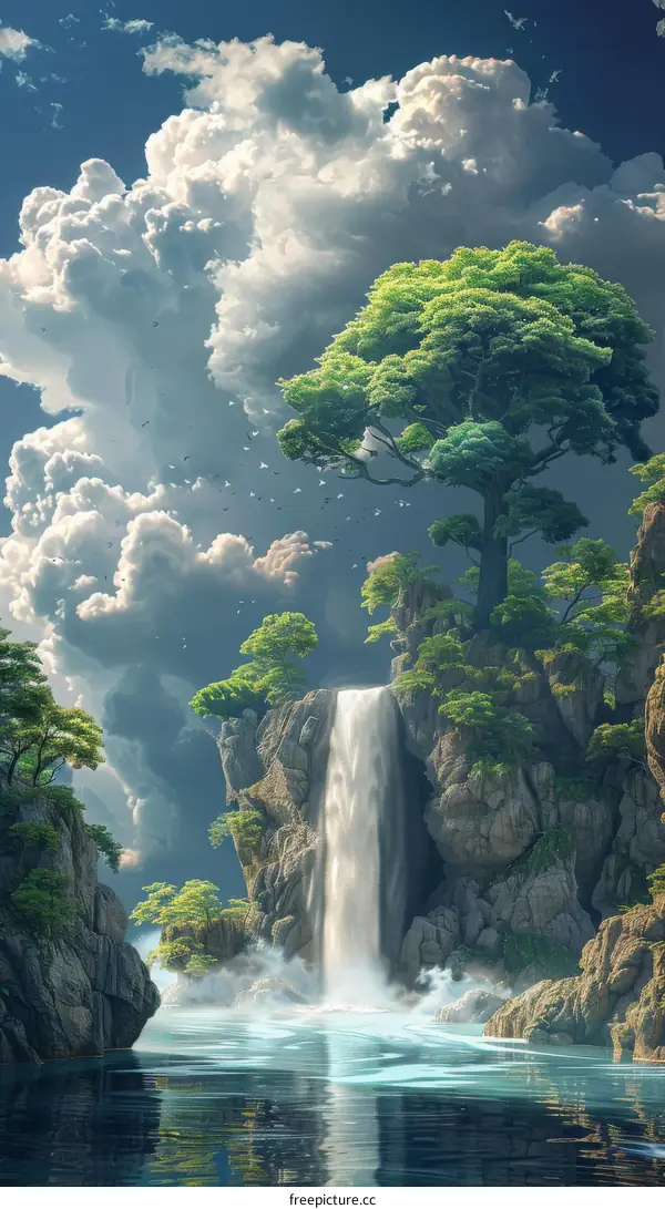 Epic Fantasy Landscape with Waterfall and Floating Islands