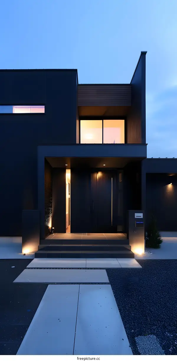 Modern Black House Entrance With Concrete Pathway And Gravel Yard