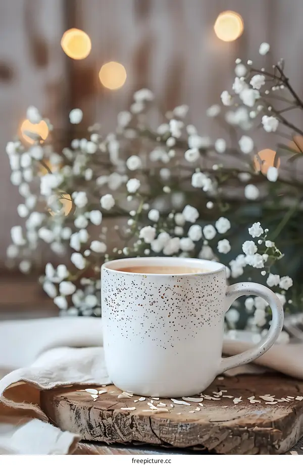 Cozy Morning Coffee with White Flowers and Lights