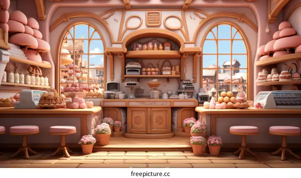 A Cozy Bakery Interior With Pink Walls and Counters