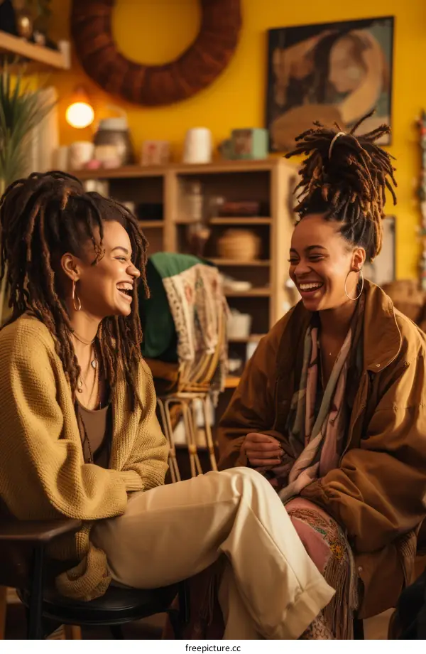 Two young women with dreadlocks are sitting on a couch and laughing