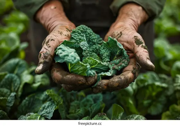 A farmer holding a handful of organic kale