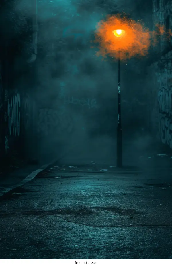 Dark and foggy alleyway with a single street lamp
