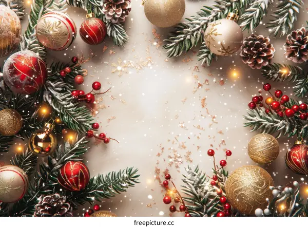 Christmas Ornament and Pine Branches With Snow