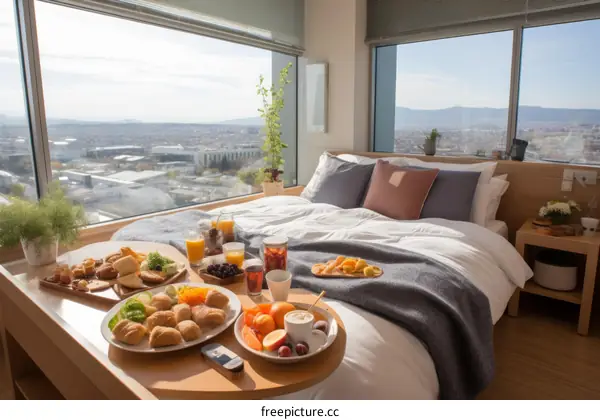 A delicious breakfast spread on a bed with a view of the city