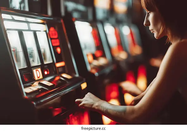 Woman Playing Slot Machine in Casino
