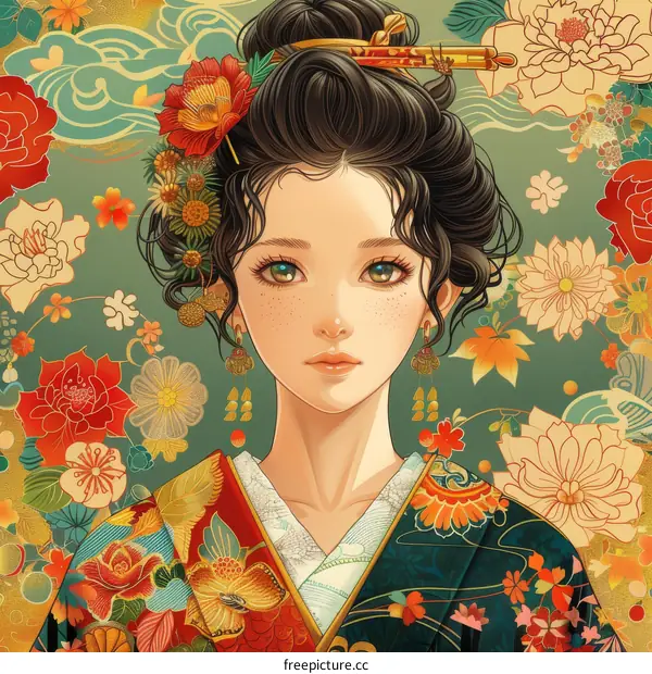 An illustration of a Japanese woman wearing a kimono with a floral pattern and a traditional hairstyle with hair accessories.