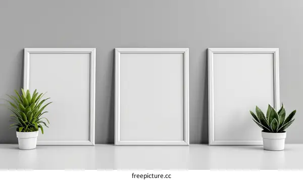Three white frames on a white table with two potted plants