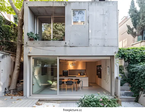 Modern Concrete House with a Glass Door Opening to a Kitchen
