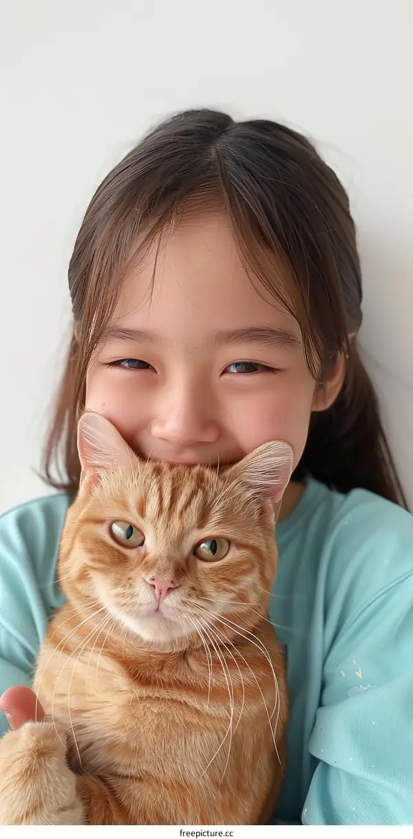 A girl is hugging an orange cat