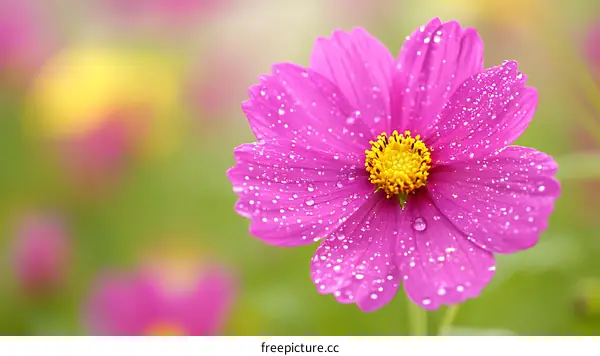 Close-up of a Pink Cosmos Flower with Dew Drops