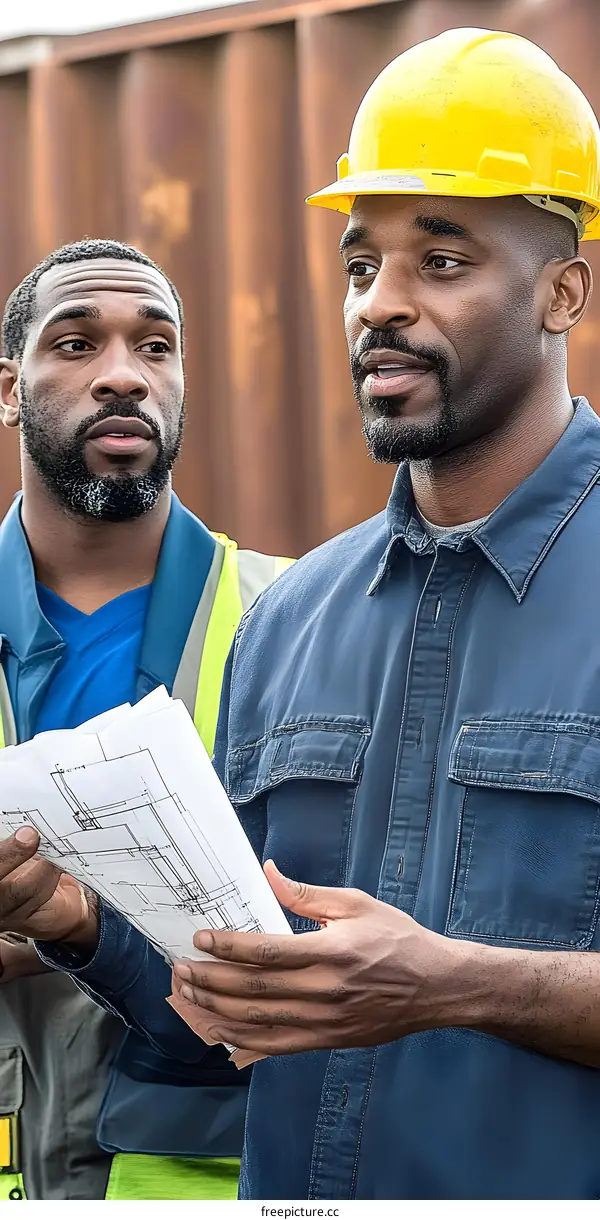 Two Black Construction Workers Reviewing Blueprints