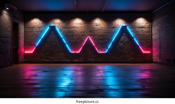 Blue and pink neon lights in the shape of mountains against a brick wall