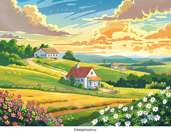 Beautiful Rural Landscape Illustration With Houses And Flowers