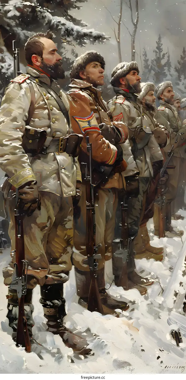 Russian soldiers in white camouflage uniforms during World War I