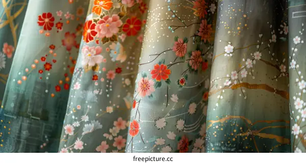 Close-up of colorful floral pattern on a green background