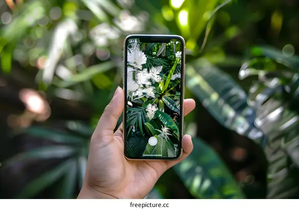 Hand Holding a Smartphone Taking Photo of White Flowers