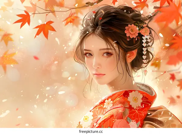 A beautiful Japanese woman in a kimono standing in a field of red maple leaves.