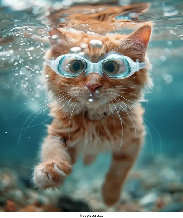 Adorable Ginger Cat Swimming with Goggles and Bubbles
