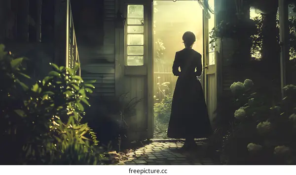 Woman standing in a doorway looking out at a garden