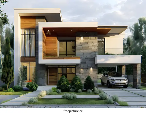 Modern House Exterior Design with Stone and Wood