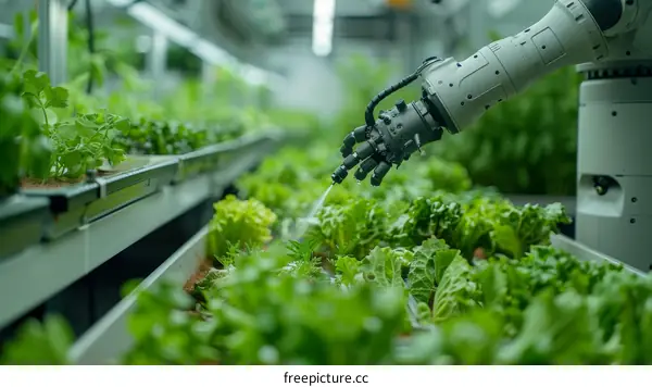 Robot arm watering plants in a greenhouse